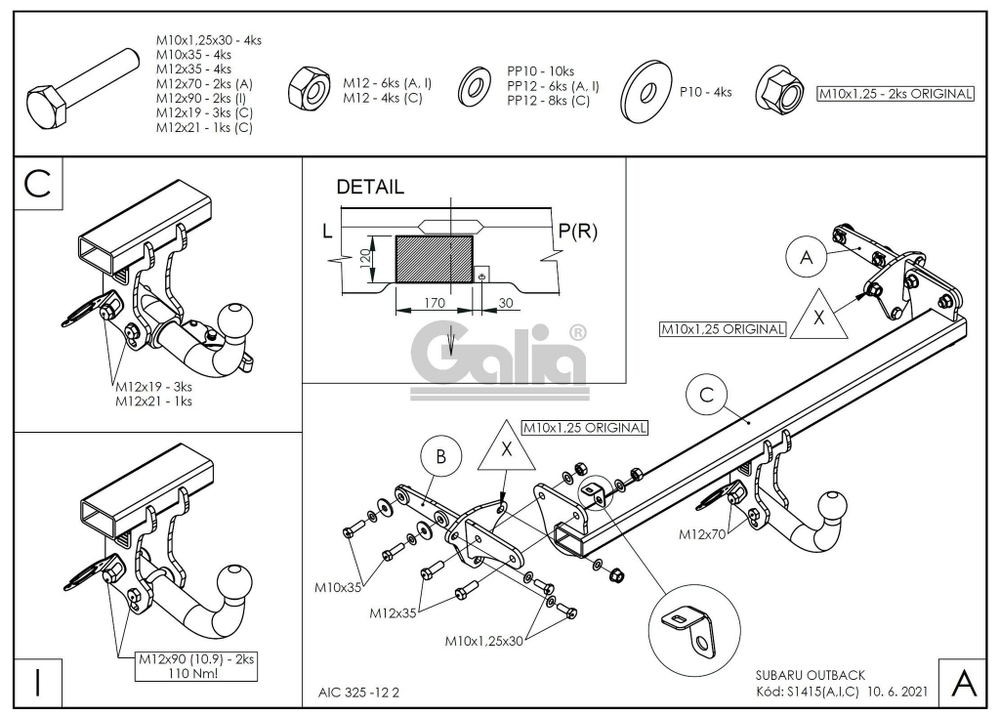 Фаркоп оцинкованный Galia S141A для Subaru Outback 2021-(паспорт и сертификат в комплекте)(без электрики)