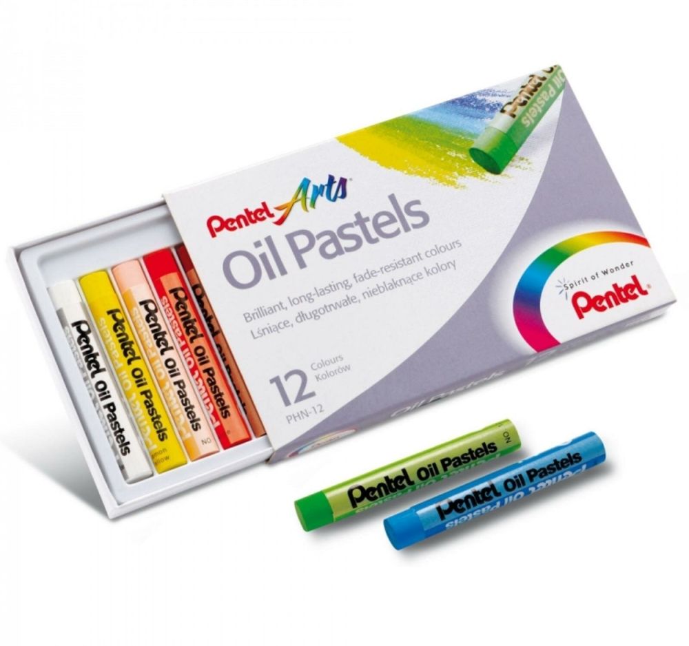 Пастель масляная художественная PENTEL "Oil Pastels", 12 цветов, круглое сечение, картонная упаковка, PHN4-12