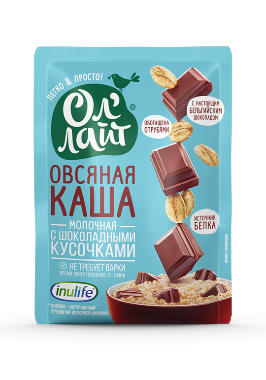 Овсяная молочная каша быстрого приготовления «С шоколадными кусочками», 40 г (0,34 б)
