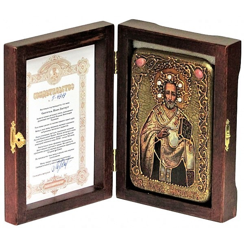Инкрустированная рукописная икона Святитель Иоанн Златоуст 15х10см на натуральном дереве в подарочной коробке