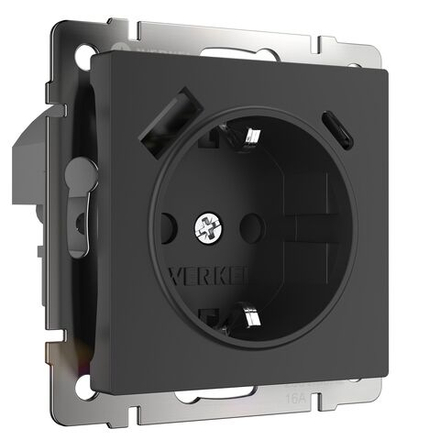 Розетка с заземлением, шторками и USB тип A+C (черный матовый) W1171708