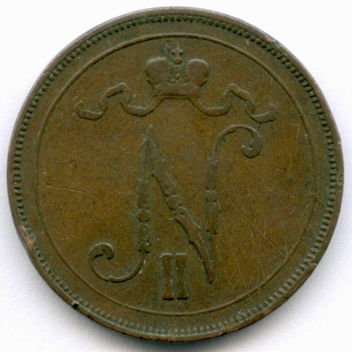 10 пенни 1899 год. Россия для Финляндии (Вензель Николая II). F-VF
