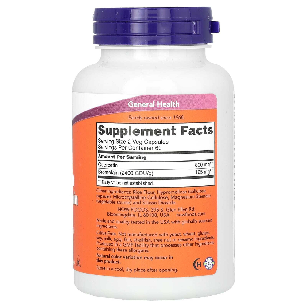 NOW Foods, кверцетин с бромелаином, 120 растительных капсул