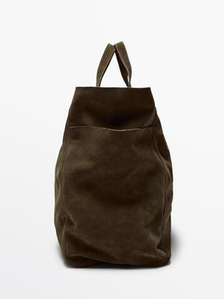 Massimo Dutti Большая сумка-шопер из замши и кожи, зеленый