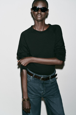 ZARA ФУТБОЛКА С ДЛИННЫМИ РУКАВАМИ, ЧЕРНЫЙ