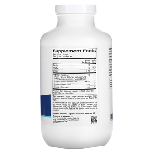 Lake Avenue Nutrition, льняное масло холодного отжима с лигнанами, 1 г, 360 растительных капсул