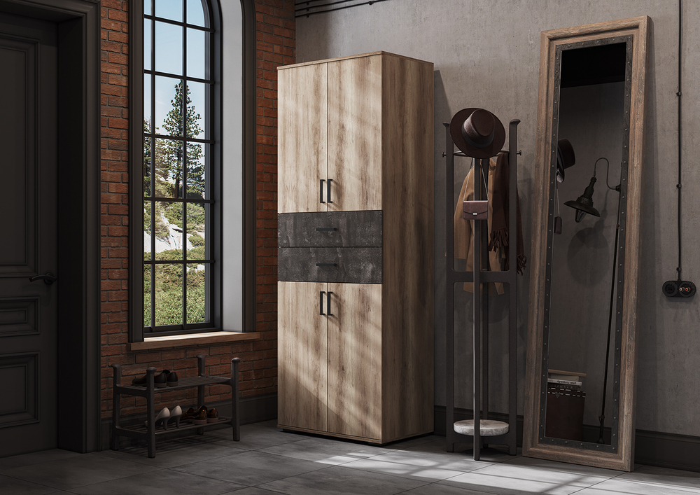 НЕЛЬСОН-5 Шкаф 2-х дверный с полками и ящиками Дуб каньон / Железный камень