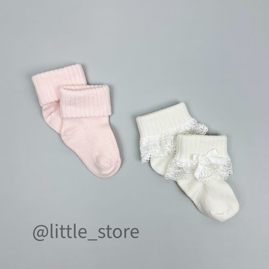 Носочки хлопковые "Бантик и кружево" Розовый/Молочный с кружевом