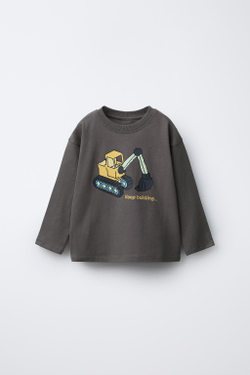 ZARA ФУТБОЛКА С ПРИНТОМ «ПИКСЕЛЬНЫЙ ТРАНСПОРТ», АНТРАЦИТОВО-СЕРЫЙ