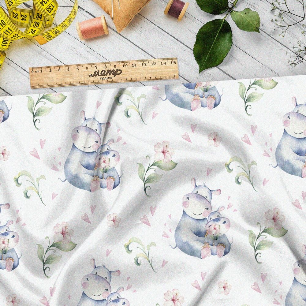 Ткань интерлок акварельные бегемотики
