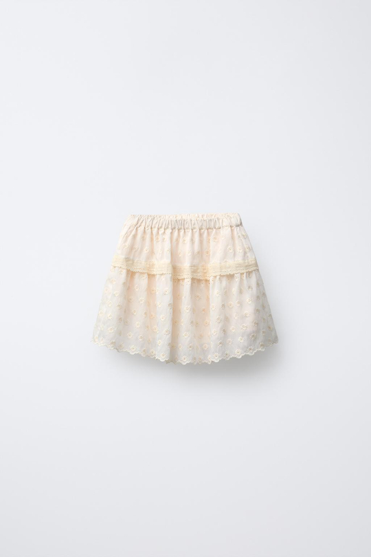 ZARA ЮБКА С ВЫШИВКОЙ И КРУЖЕВОМ, ЭКРЮ
