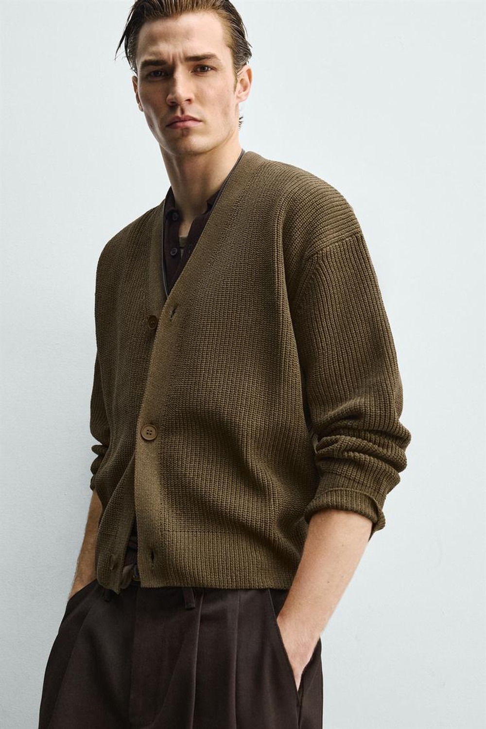 ZARA КАРДИГАН СВОБОДНОГО КРОЯ В РУБЧИК, ХАКИ