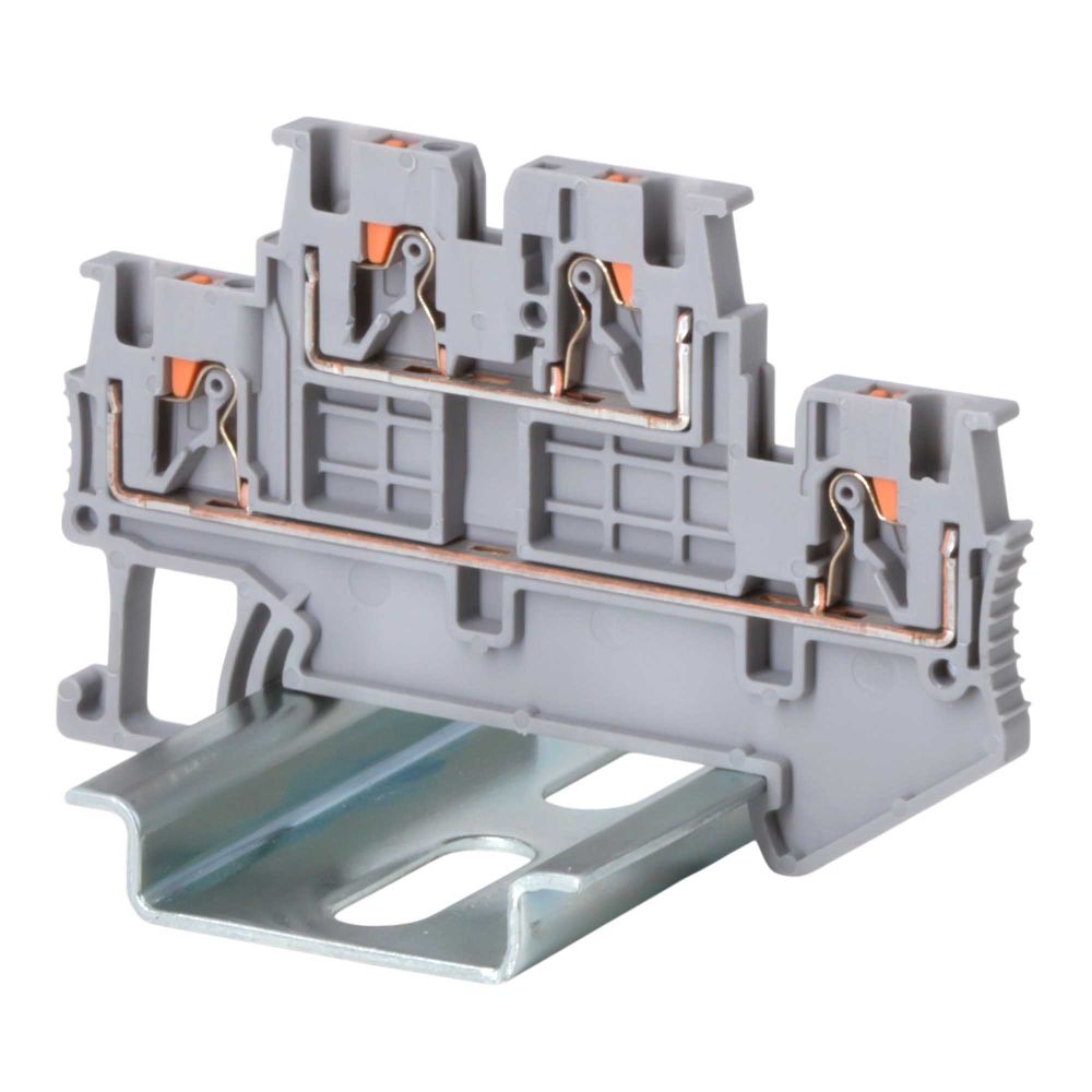 Клемма двухуровневая, зажим push-in, 4 точки подключения, 1.5 кв.мм, серая