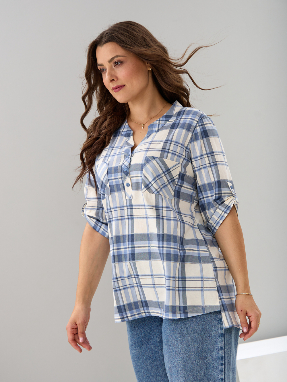 Блузка БЛ-131/клеткаголубая-серебро