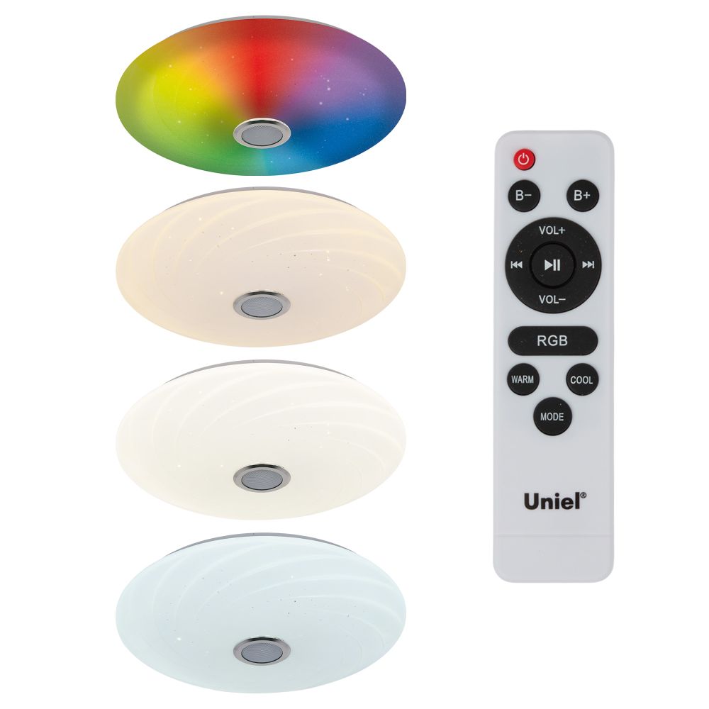 ULI-D291 72W-SW+RGB-50 MERCURY Cветильник светодиодный накладной. Диммируемый. Пульт ДУ в-к. Встроенная Bluetooth колонка. Теплый свет3000К-Белый свет4000К-Дневной свет6500К-RGB. 5700Лм. TM Uniel