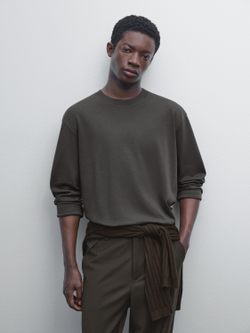 Massimo Dutti Футболка из хлопка среднего размера с длинными рукавами, хаки