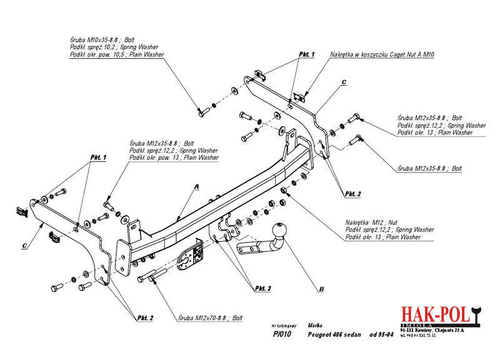 Фаркоп IMIOLA P.010 Peugeot 406 седан 1995-2004(паспорт и сертификат в комплекте)(без электрики)