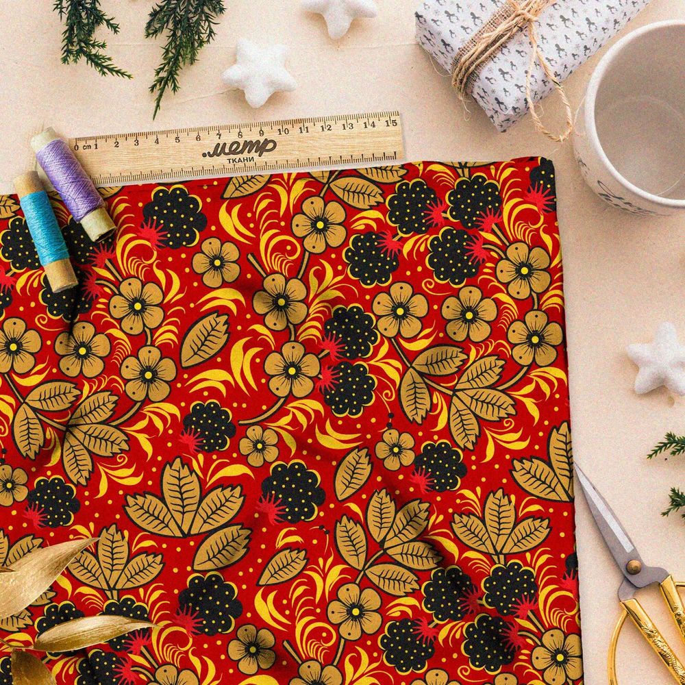 Ткань дюспо хохлома с цветами и ягодами на красном ковре