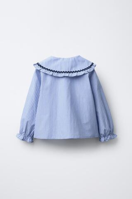ZARA РУБАШКА С ВОРОТНИКОМ «БОБО» И ВОЛНИСТОЙ КРОМКОЙ, СИНИЙ
