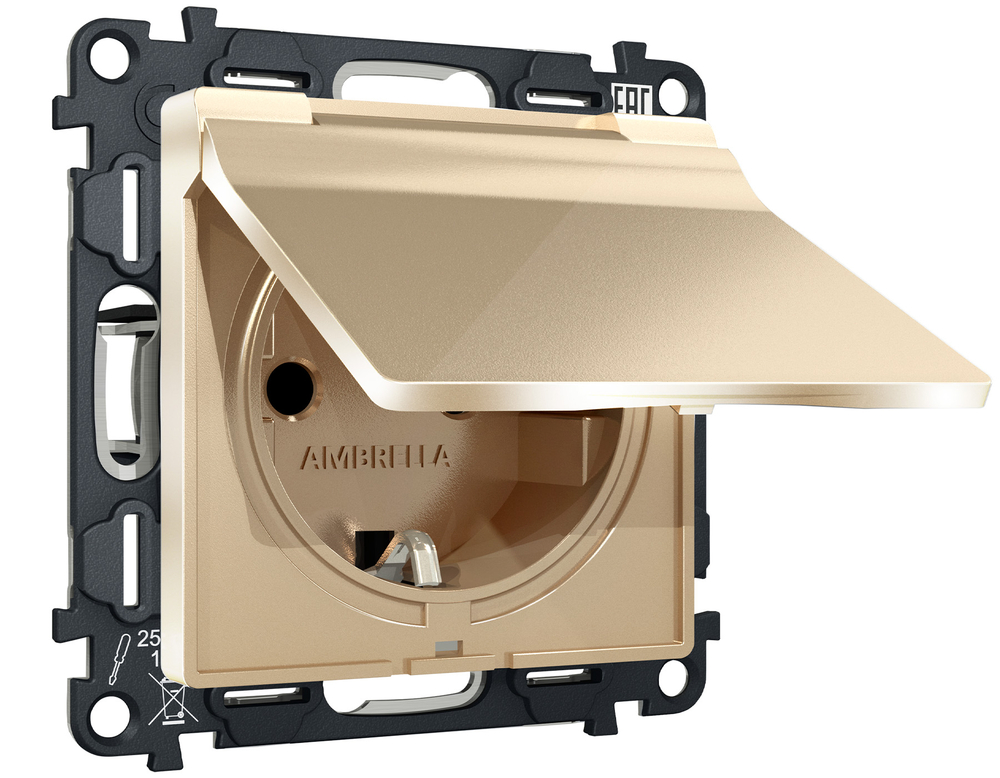 MA608010 Комплект механизма электрической розетки ALFA Шампань с/з с шторками и крышкой IP44 QUANT (AP6080, VM141)