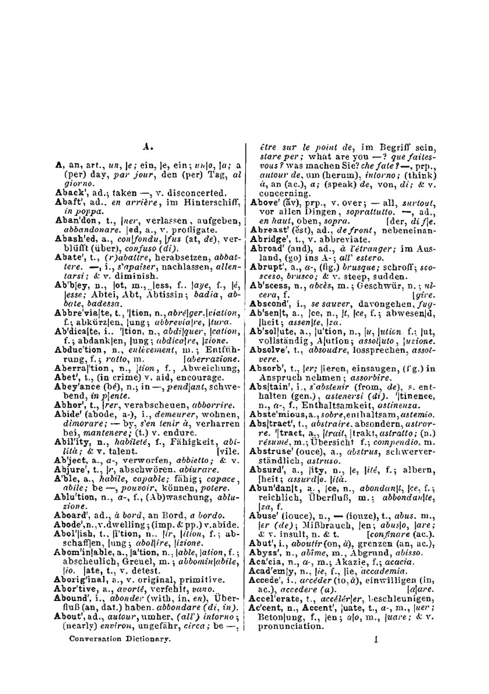 Conversation Dictionary In Four Languages, English, French, German, Italian | K. Baedeker