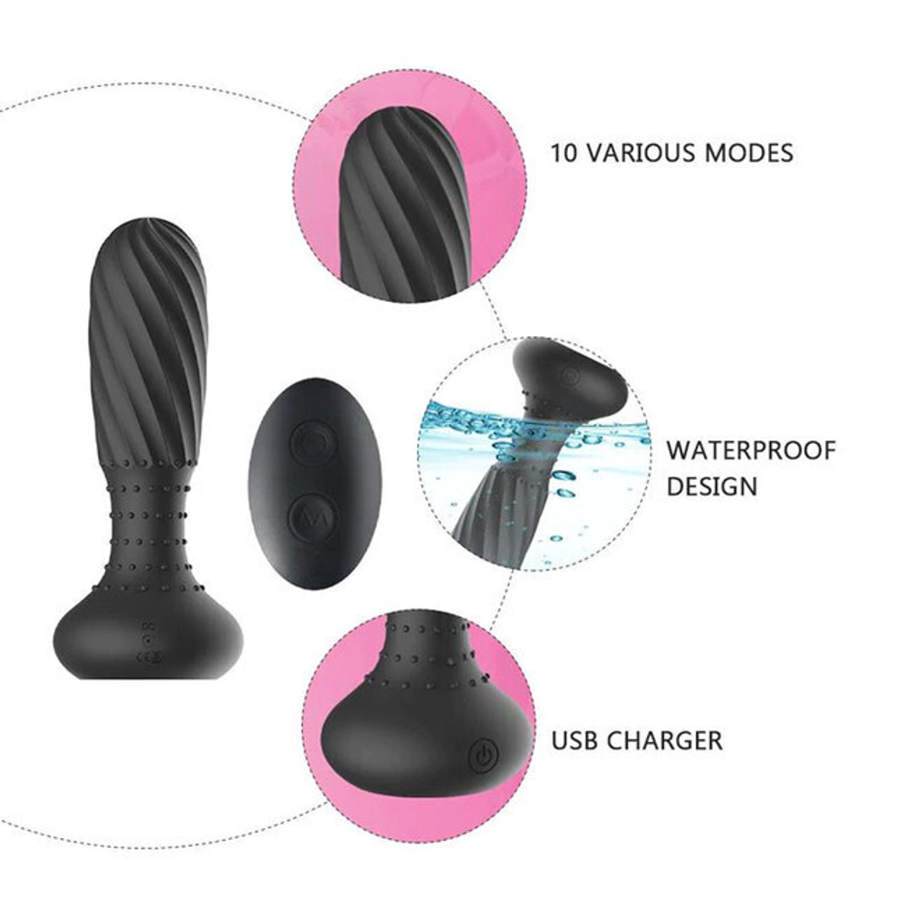 Перезаряжаемая анальная пробка с вибрацией и ротацией с пультом ДУ (Цвет: черный)