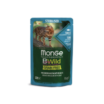 Влажный корм Monge Cat BWild GRAIN FREE для стерилизованных кошек, беззерновой, из тунца с креветками и овощами, паучи 85 г - 28 шт