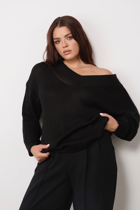 Джемпер вязаный на одно плечо, черный