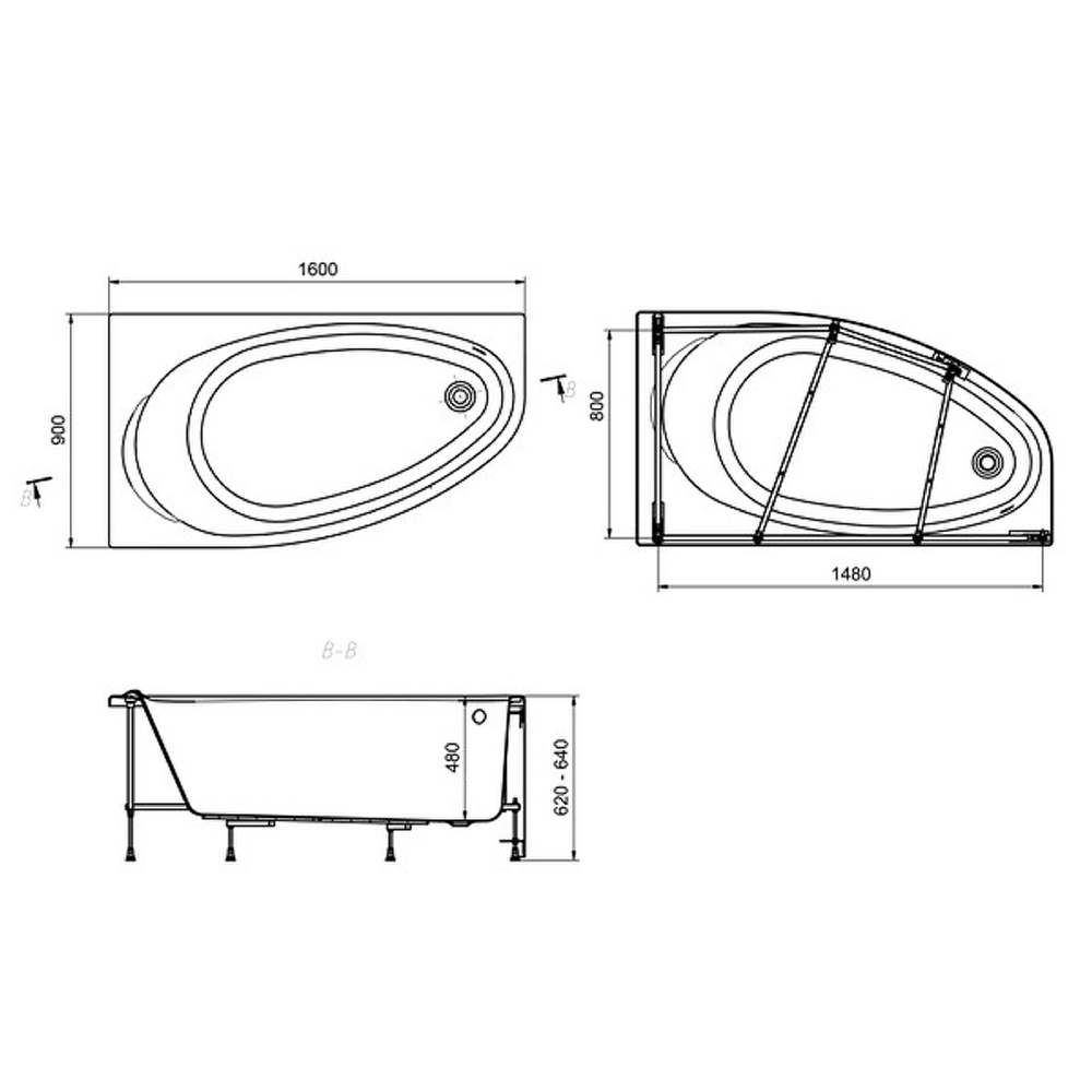 Ванна акриловая Roca CORFU  160x90 248573000 асимметричная левая  схема