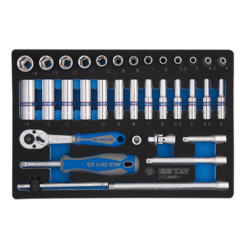 KING TONY (9-2534MRV) Набор торцевых головок 1/4" с принадлежностями, ложемент, 34 предмета