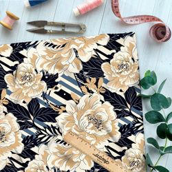 Ткань премиум таффета пионы на полосках