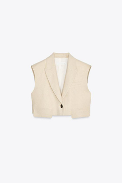 ZARA УКОРОЧЕННЫЙ ЖИЛЕТ ИЗ СМЕСОВОГО ЛЬНА, СВЕТЛО-БЕЖЕВЫЙ