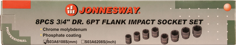 S03A6108S Набор головок торцевых ударных 3/4", 26-38 мм, 8 предметов