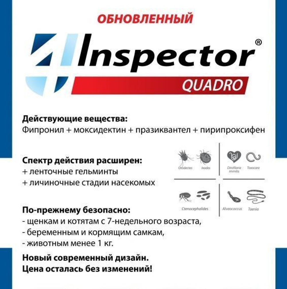 Капли от блох, клещей, глистов и гельминтов Neoterica Inspector(Инспектор) Quadro С Капли для собак 1-4 кг, 1 пипетка