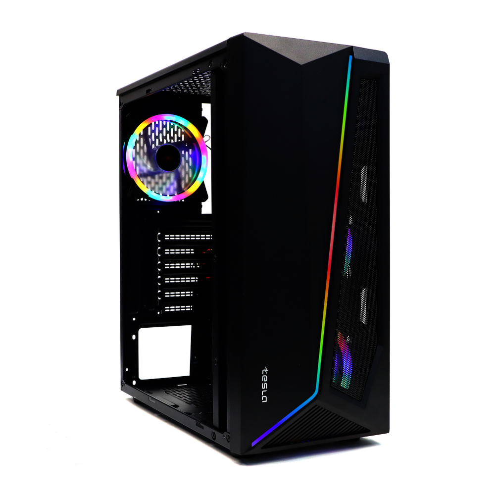 Корпус TESLA TSL-100, Без БП, ATX, RGB, чёрный, 4xRGB FAN, 2xUSB2, 1xUSB3, бок: закалённое стекло (TSL-100-4FB-RGB)