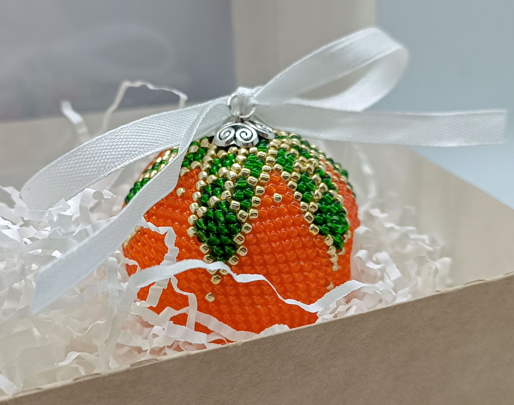 Елочная Игрушка, Шарики на Елку из Бисера, Ручная работа, Мандаринка