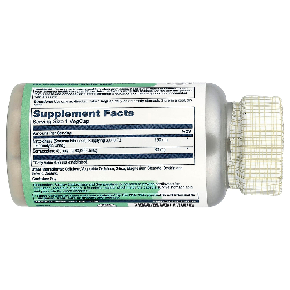 Solaray, наттокиназа и серрапептаза, кишечнорастворимая оболочка, 30 капсул VegCap