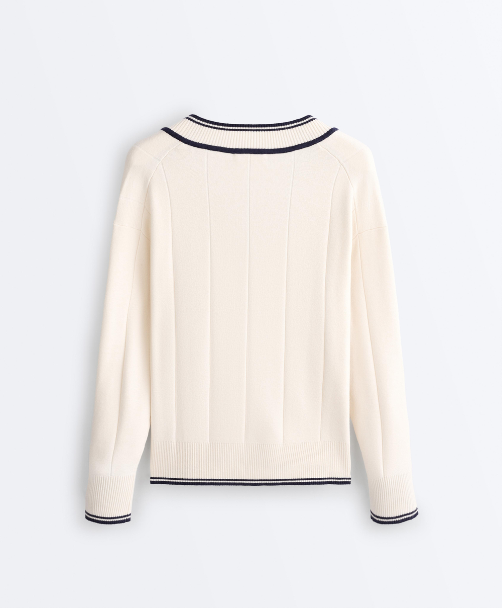 Oysho Вязаный свитер с V-образным вырезом и контрастом, светлый экрю