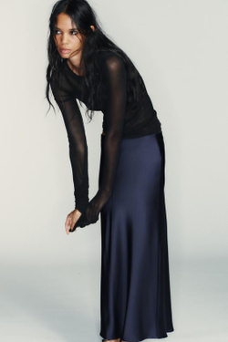 ZARA АТЛАСНАЯ ЮБКА МИДИ, МОРСКОЙ СИНИЙ