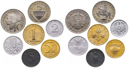 Австрия 1974-2001 Набор 7 разменных монет XF