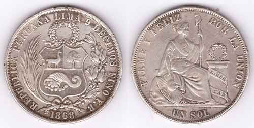 1 соль 1868. Перу. VF