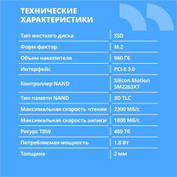 SSD диск CBR SSD-960GB-M.2-LT22, Внутренний SSD-накопитель, серия "Lite", 960 GB, M.2 2280, PCIe 3.0 x4, NVMe 1.3, SM2263XT, 3D TLC NAND, R/W speed up to 2300/1800 MB/s, TBW (TB) 480