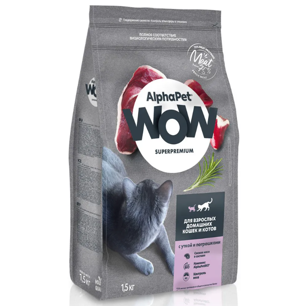 ALPHA PET WOW Сухой корм для взрослых кошек с уткой и потрошками 1,5 кг