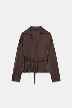 ZARA АТЛАСНАЯ БЛУЗКА С ПОЯСОМ, КОРИЧНЕВЫЙ