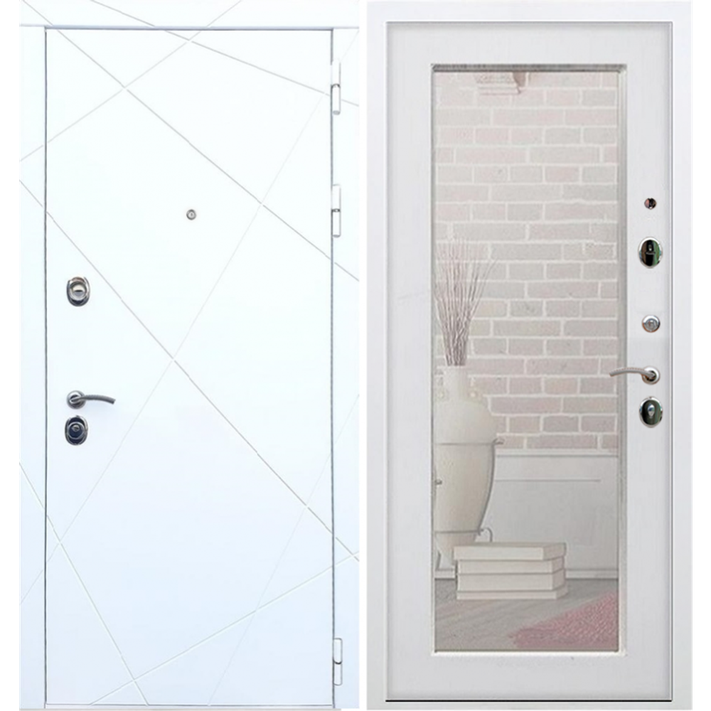 Входная металлическая белая дверь с зеркалом RеX (РЕКС) 13 Силк сноу / Пастораль Белый ясень