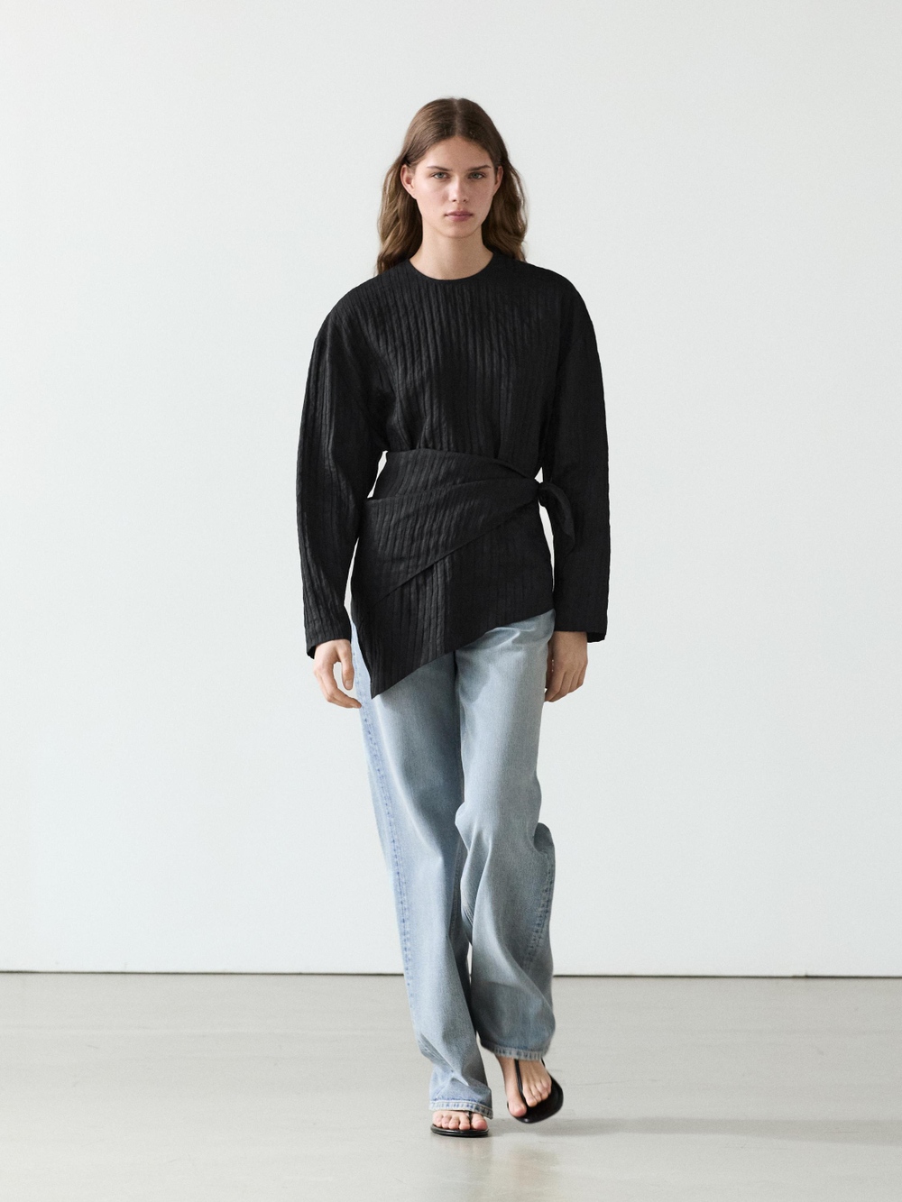 Massimo Dutti Струящаяся рубашка в полоску с шарфом, черный