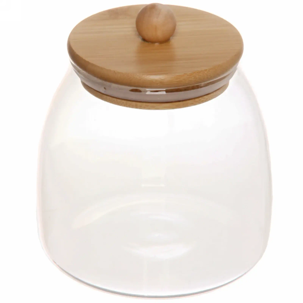 Банка для продуктов стеклянная 600мл «Хай-Тек» с бамбуковой крышкой, бочонок