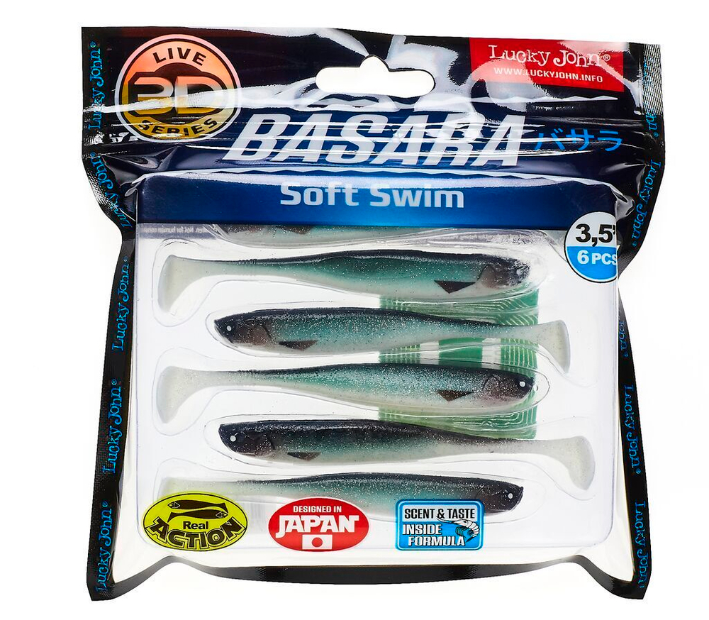 Виброхвост LUCKY JOHN Basara Soft Swim 3D, 3.5in (89 мм), цвет PG07, 6 шт.