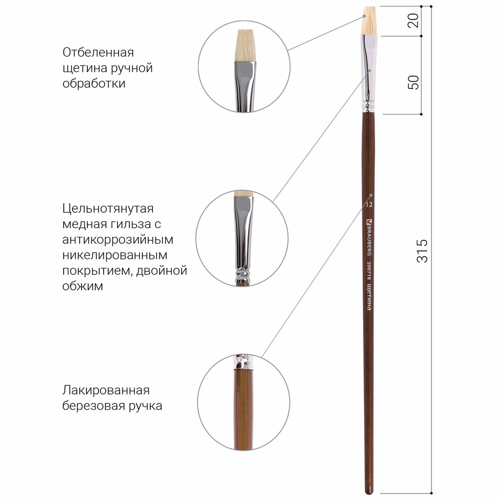 Кисть художественная профессиональная BRAUBERG ART CLASSIC, щетина, плоская, № 12, длинная ручка, 200718