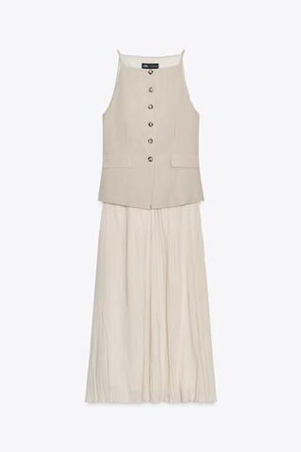 ZARA ПЛАТЬЕ МИДИ С ПЛИССИРОВАННОЙ ЮБКОЙ, БЕЖЕВЫЙ